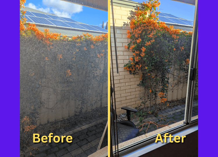 Before and after of a salt-covered window on a Fremantle home